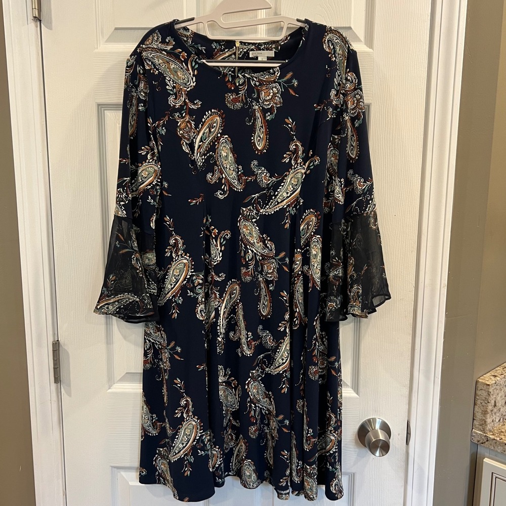 Est 1946 Navy Blue Paisley Bell Sleeve Shift Dress Mesh Trim Large